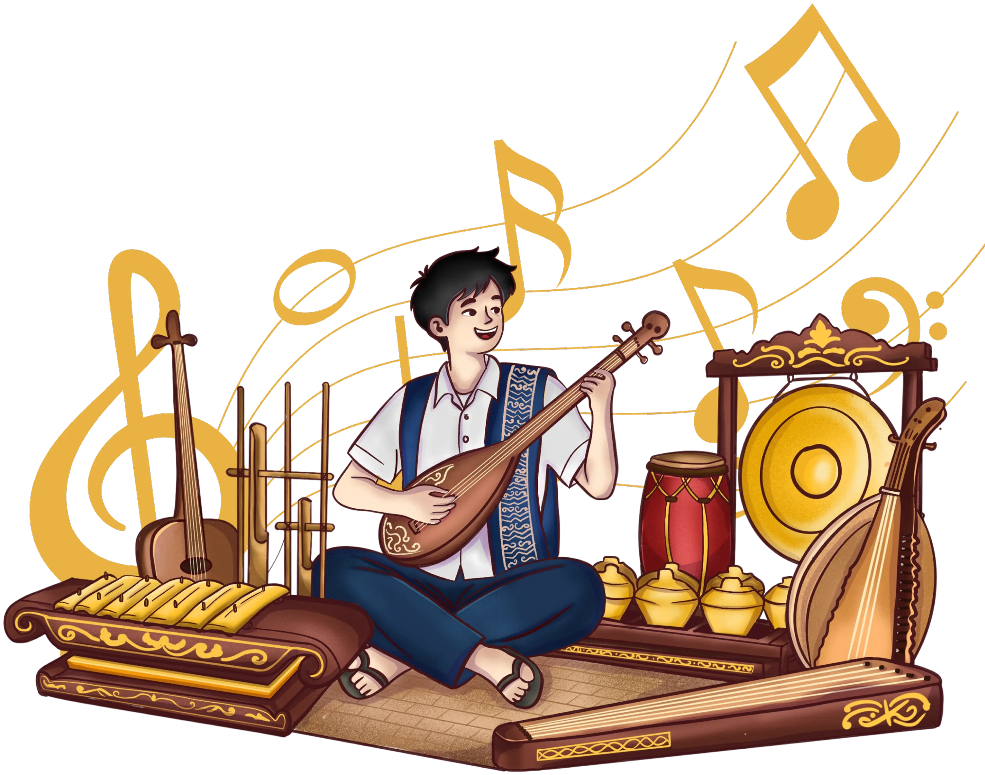 Ilustrasi Musik Tradisional Nusantara: Pemuda Memainkan Sape' Dikelilingi 8 Alat Musik Tradisional